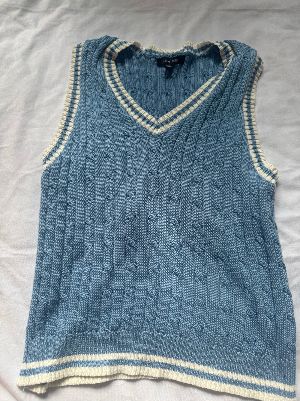 Love Tree Sky Blue Cable Knit V-Neck Sweater Vest with Ivory Trim